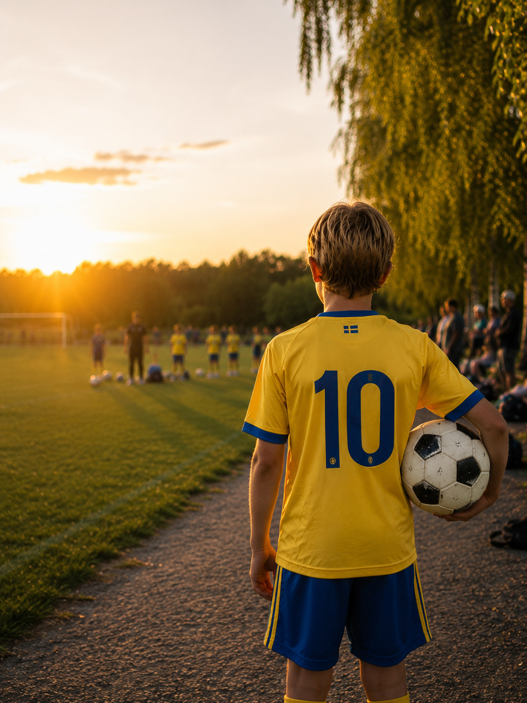 En ung pojke håller i en fotboll på en fotbollsplan.