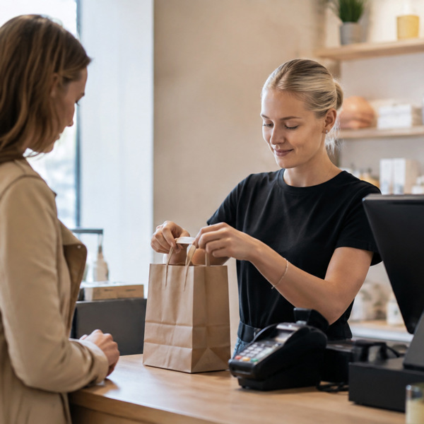 En kvinna som står vid en disk i en butik.
