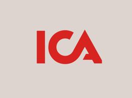 En röd ica-logotyp på en grå bakgrund.