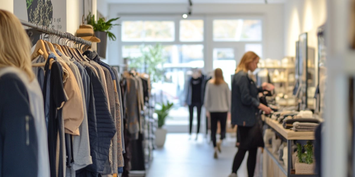 En damklädesbutik med människor som shoppar.