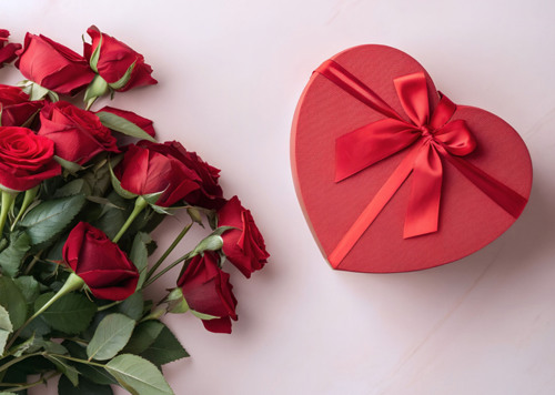 En bukett rosor bredvid en hjärtformad låda.