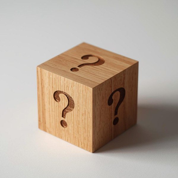 Träkub med frågetecken